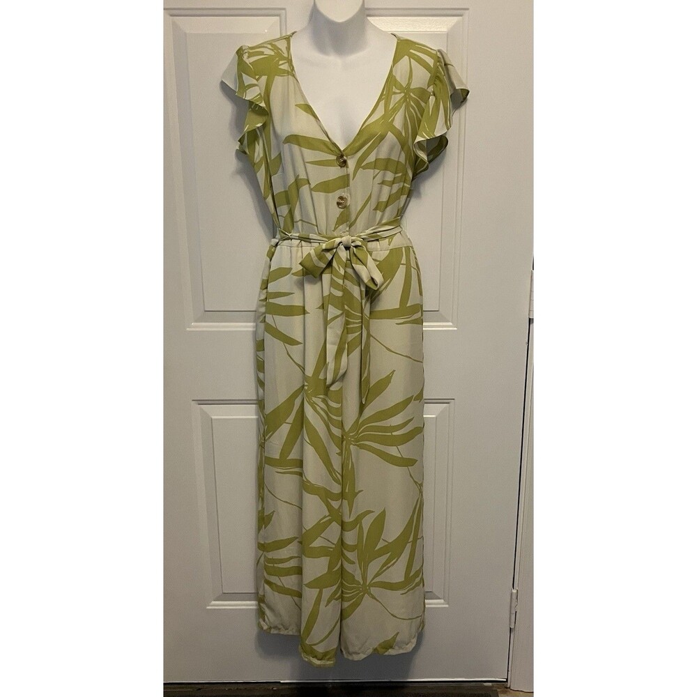 NWT June & Hudson Green‎ Beige Floral Romper Dress Size 1 Medium Wide Leg Boho